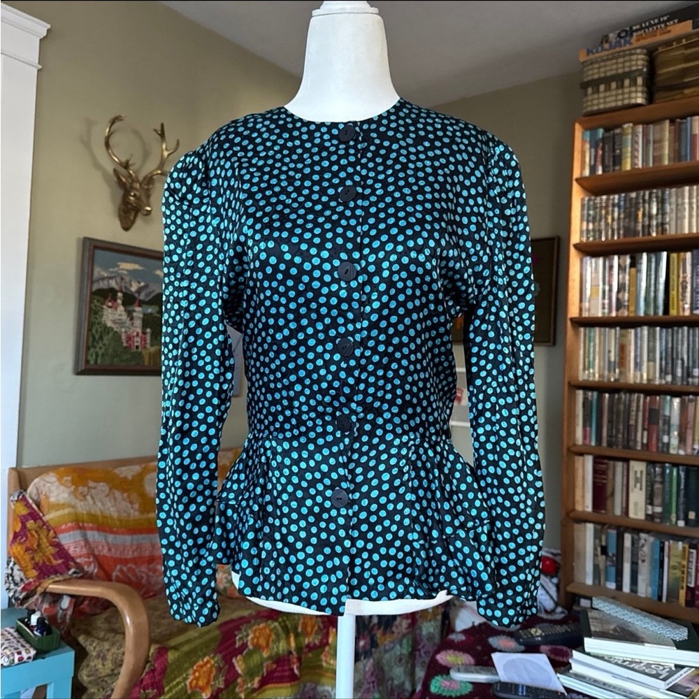 Oleg Cassini Green and Blue Peplum Blouse with Peter Pan Collar